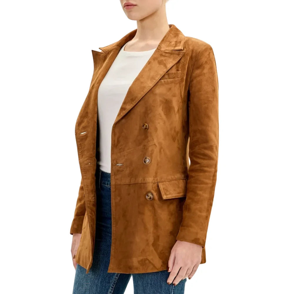 LambskinLeatherSuedeDoubleBreastedJacketforWomens