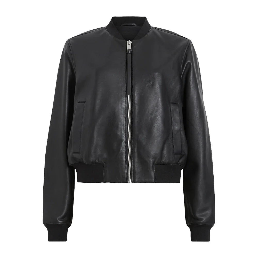 Women Black Leather Bomber Jacket