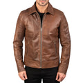 Men's Brown Shirt Collar Biker Leather Jacket